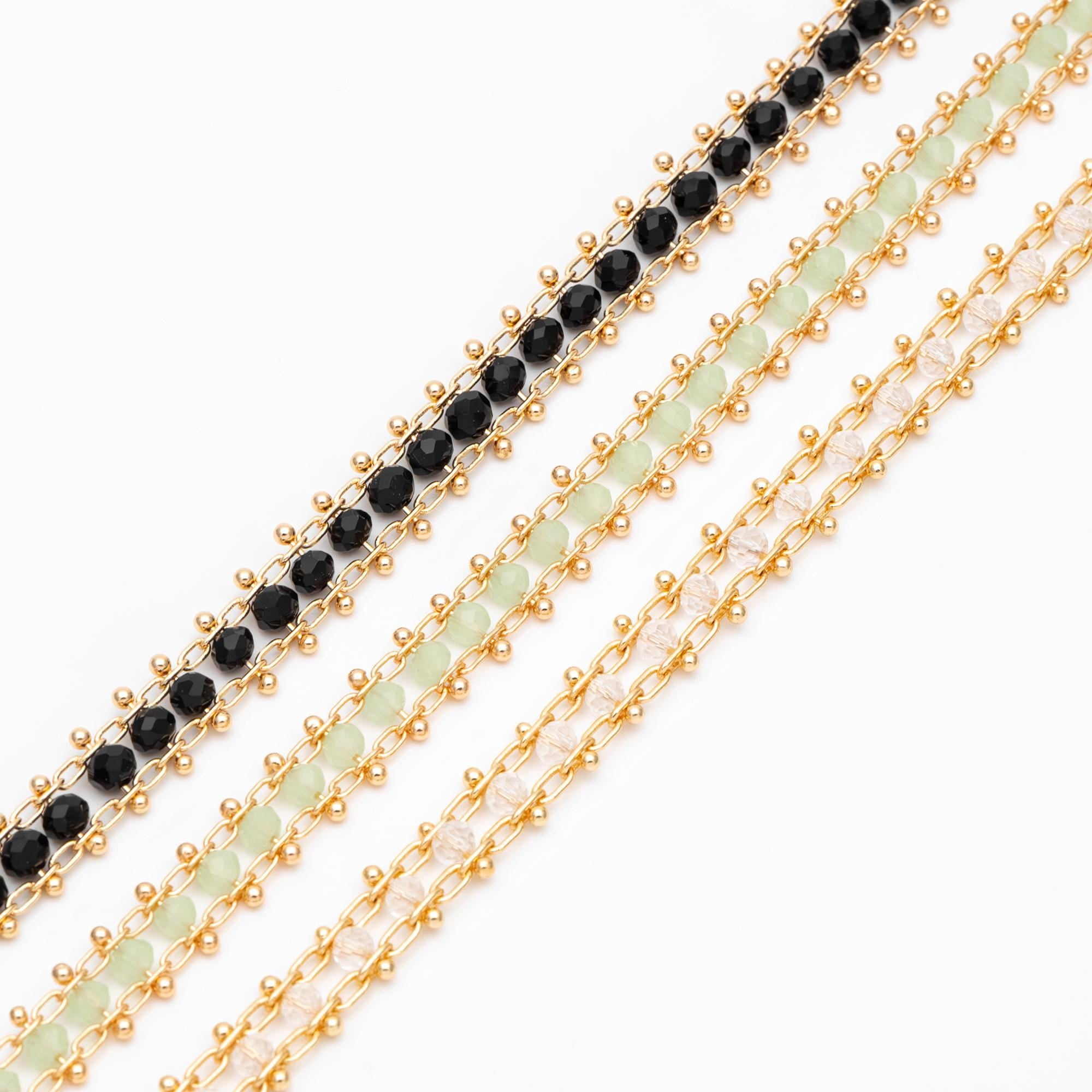 Gold plated Brass Beaded Chain 7mm, Designer Chain with Crystal Glass Rondelle Beads (#LK-171)/ 1 Meter=3.3ft